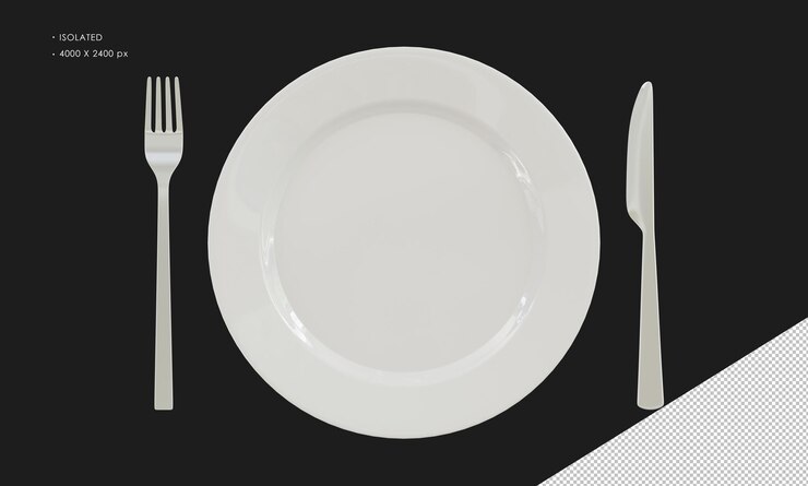 PSD plato blanco aislado con tenedor y cuchillo de plata