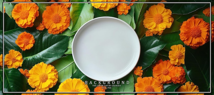 PSD un plato blanco en un fondo verde rodeado de flores amarillas brillantes