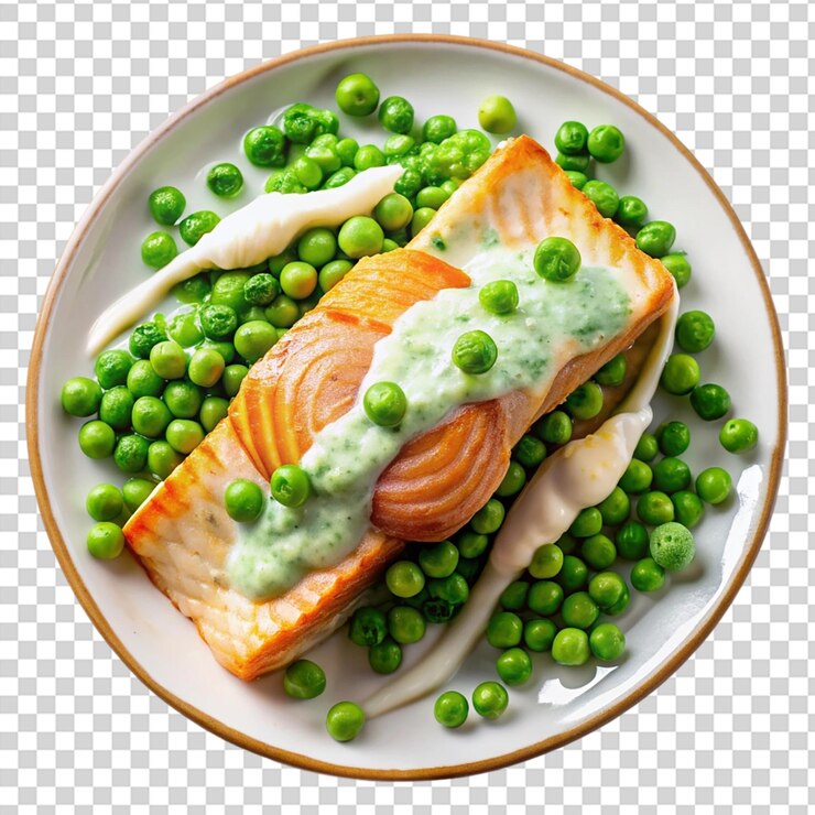 PSD un plato blanco con guisantes de pescado y cuñas de limón en un fondo transparente