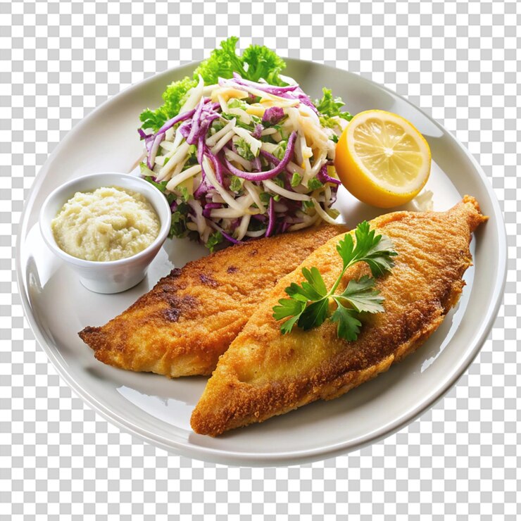 PSD un plato blanco con un pescado y una ensalada en un fondo transparente