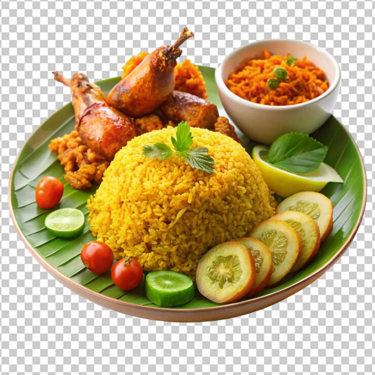 PSD plato blanco de pollo biryani vista superior aislado en un fondo transparente