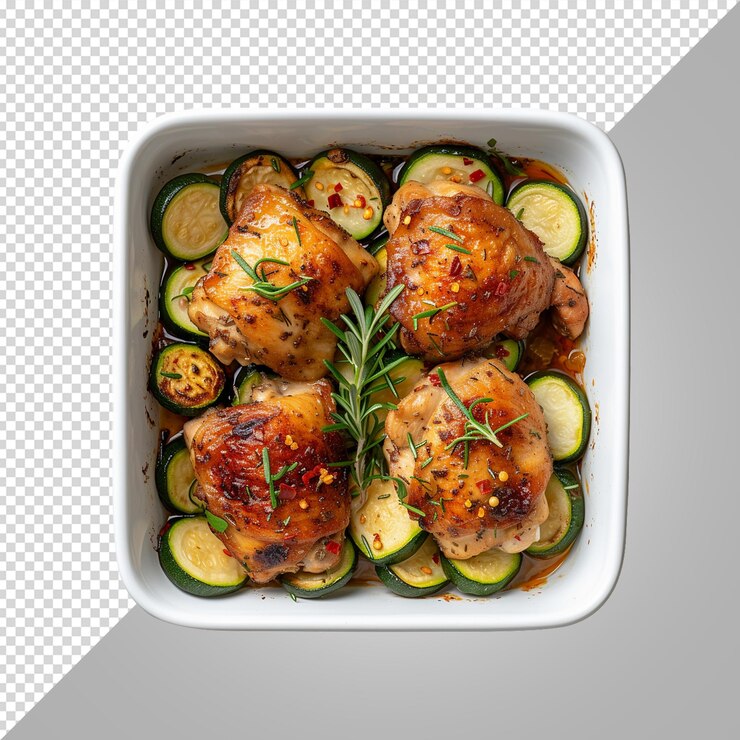 PSD un plato blanco con pollo y calabacín en él