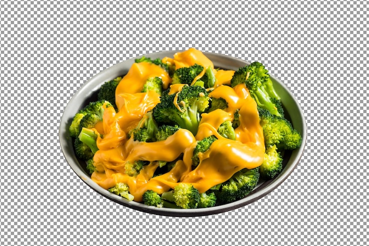 PSD un plato de brócoli con salsa de queso sobre fondo aislado y transparente