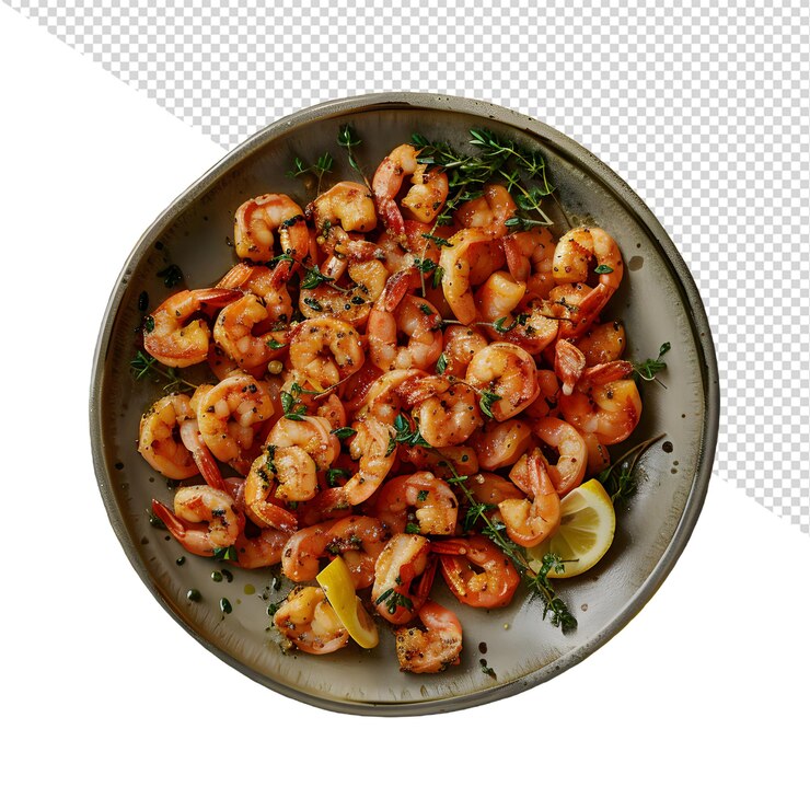PSD un plato de camarones con un tomate y perejil