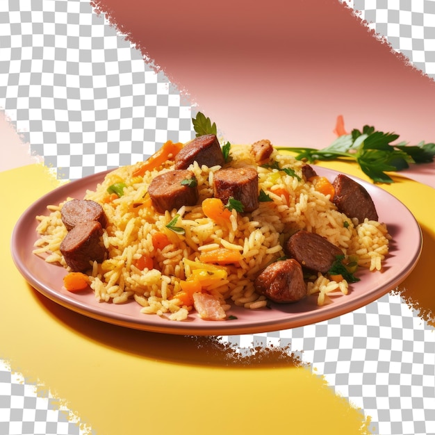 PSD plato con carne de arroz amarillo y zanahorias.