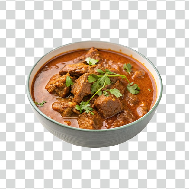 plato de carne de estilo indio o carne de cordero o gosht masala en un fondo transparente