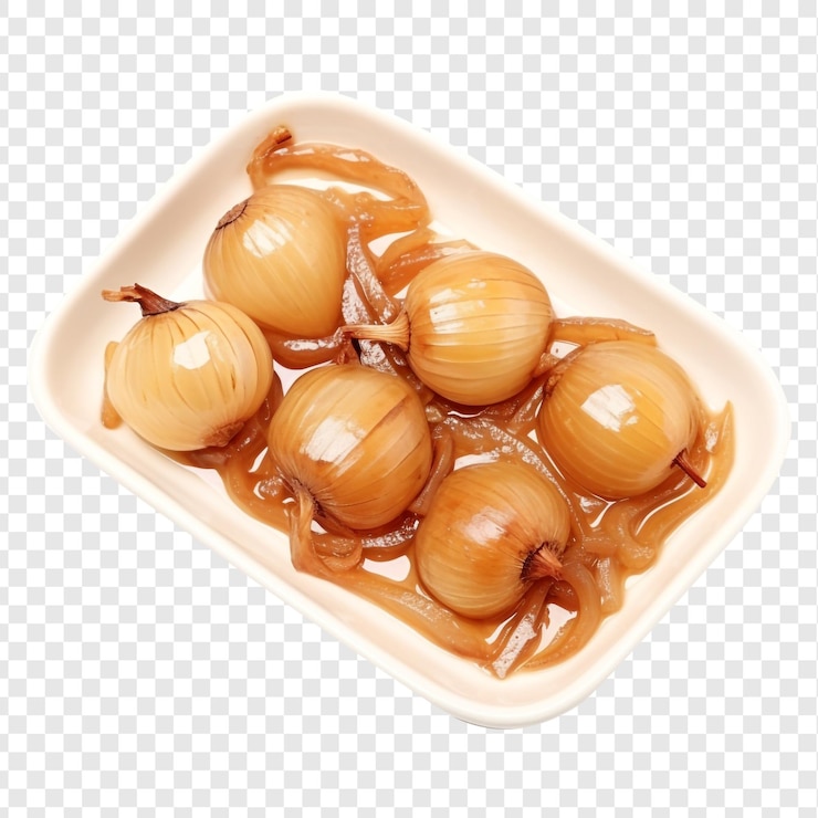 PSD plato de cerámica con cebollas caramelizadas aisladas sobre un fondo transparente
