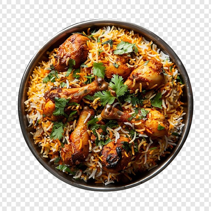 PSD un plato de chiken biryani aislado en un fondo transparente