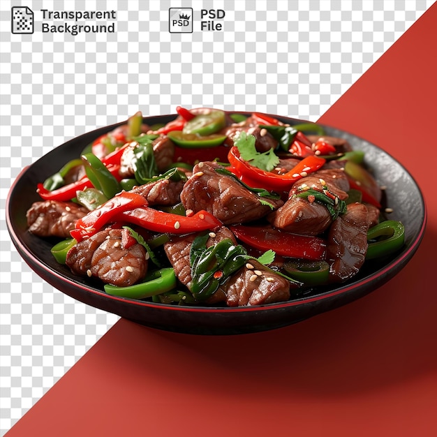 Plato chisporroteante de carne de res salteada en un wok