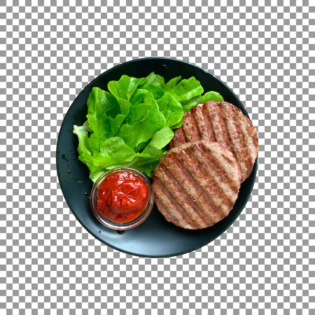 PSD plato de chuletas de hamburguesa con un pequeño recipiente de ketchup y hojas verdes