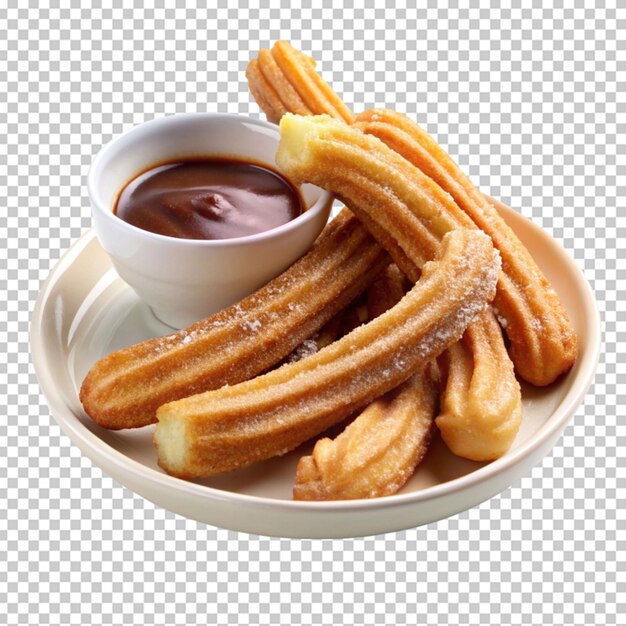 un plato de churros con una salsa de inmersión en él en un fondo transparente