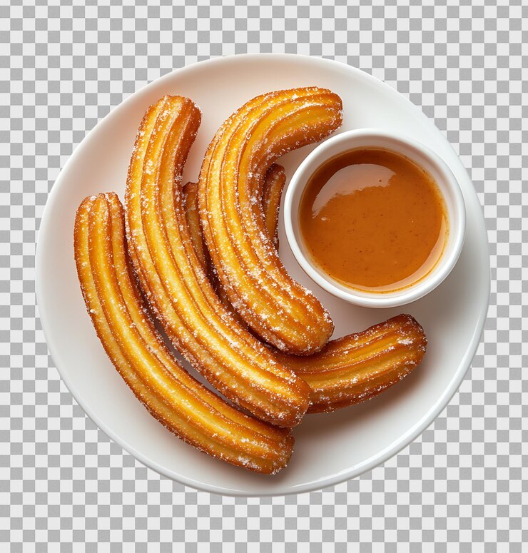 PSD un plato de churros con una salsa marrón en un fondo transparente