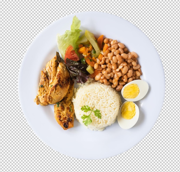 Plato de comida brasileña con frijoles, arroz y pollo.