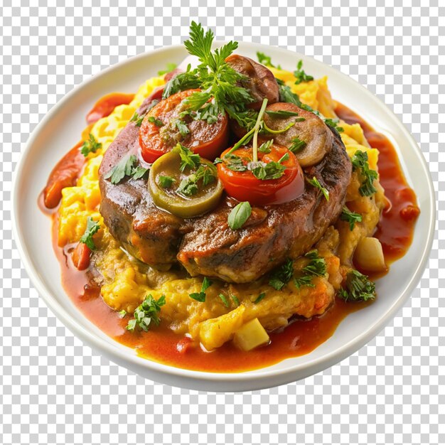 Un plato de comida con carne, verduras y cebollas en un fondo transparente