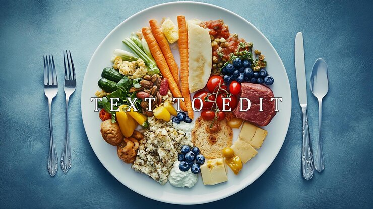 PSD plato de comida equilibrado con varios alimentos saludables