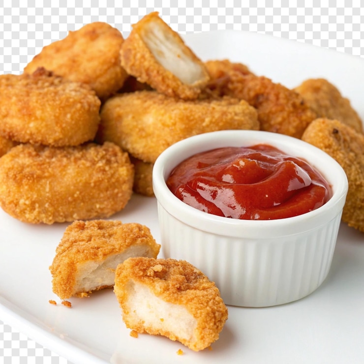 PSD un plato de comida frita incluyendo pollo frito y ketchup