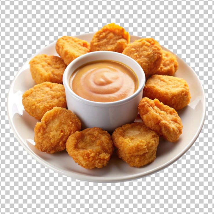 PSD un plato de comida frita con un plato de salsa en el lado sobre un fondo transparente
