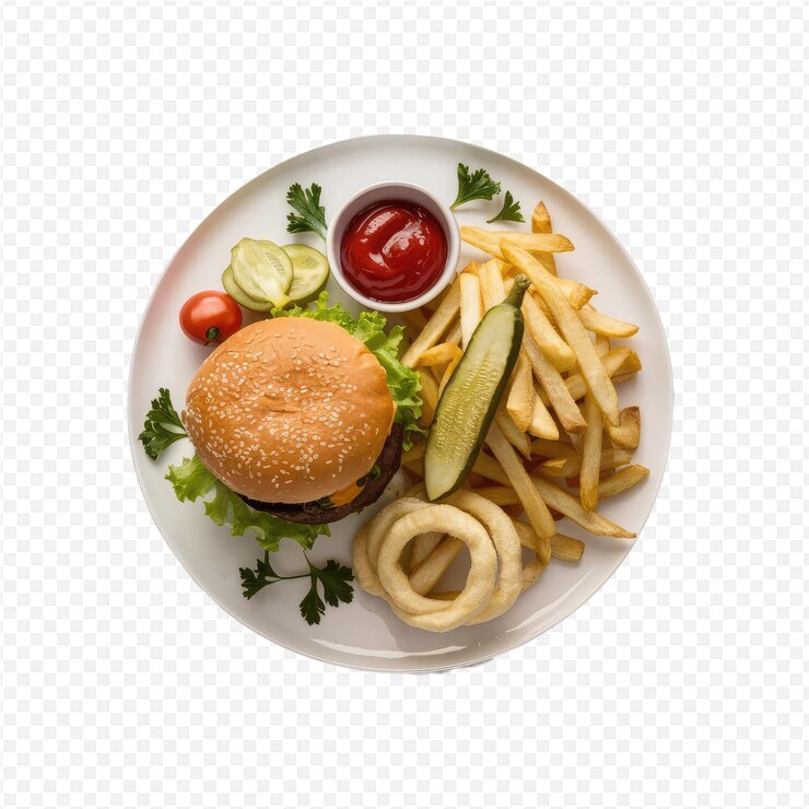 PSD un plato de comida con una hamburguesa y papas fritas