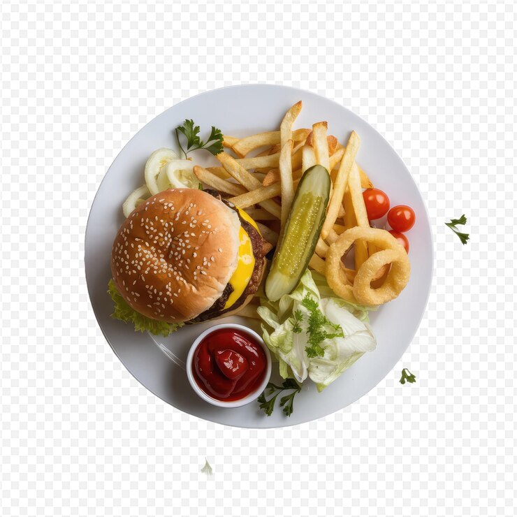 PSD un plato de comida con una hamburguesa y papas fritas