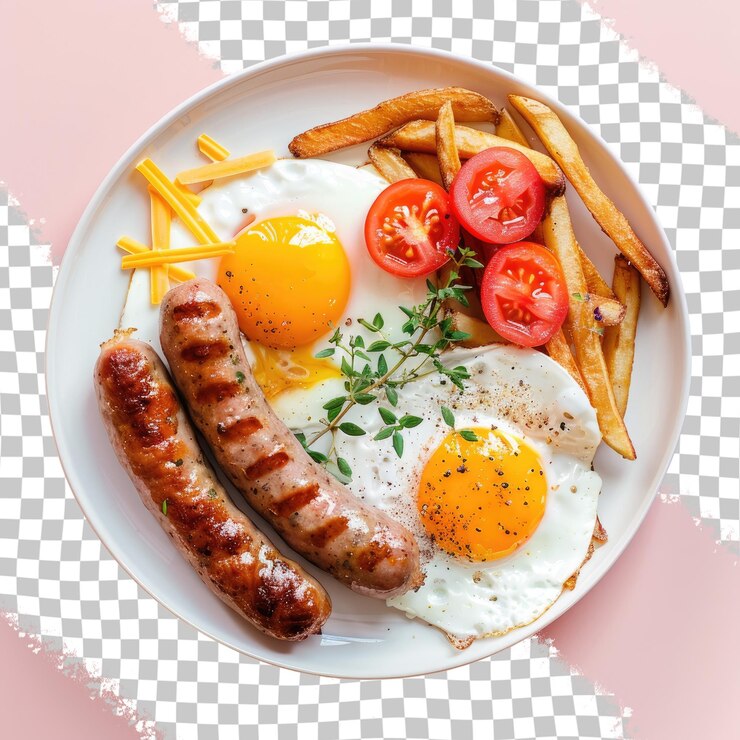 PSD un plato de comida con huevos, salchichas y papas fritas
