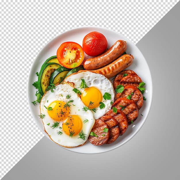 PSD un plato de comida con huevos, salchichas y verduras