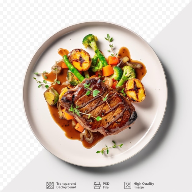 Un plato de comida con la imagen de un bistec y verduras.
