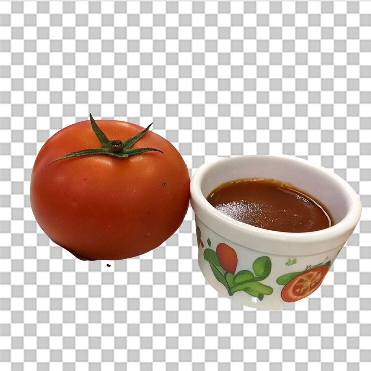 PSD un plato de comida con una imagen de un tomate y una pequeña taza de salsa