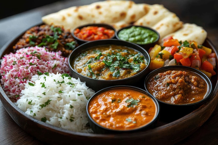 PSD un plato de comida india con curry de arroz y pan naan