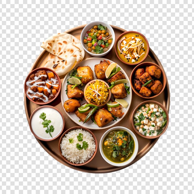 PSD un plato de comida india thali con varios alimentos en un fondo transparente