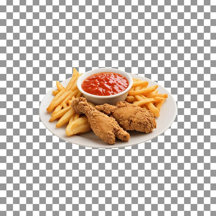 PSD un plato de comida con papas fritas y pollo y papas fritas de fondo transparente