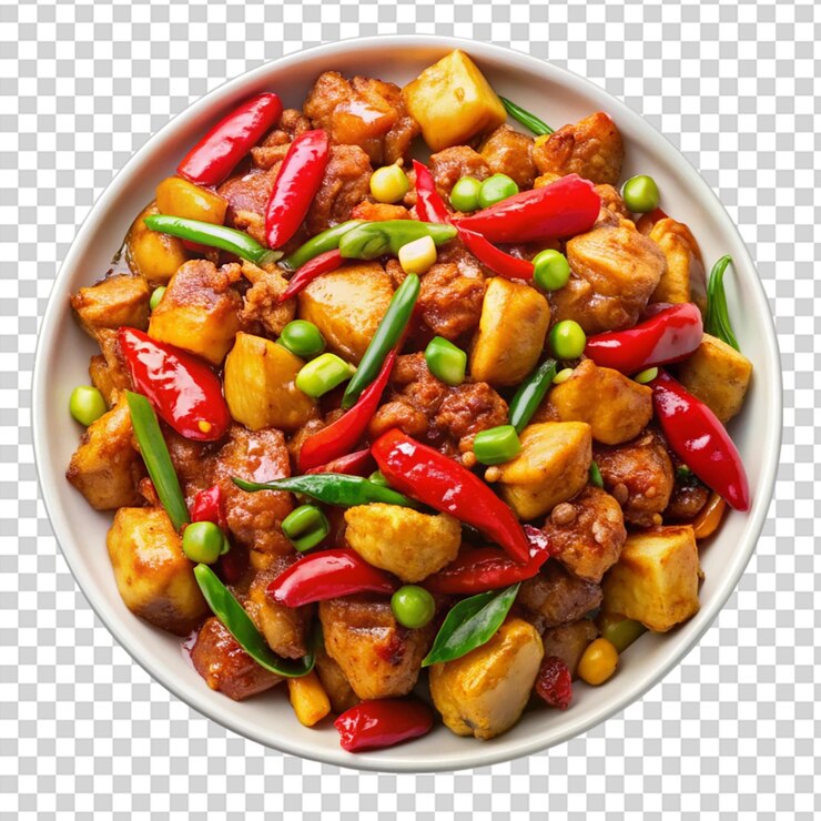 PSD un plato de comida con pimientos de pollo y cebollas en él sobre un fondo transparente