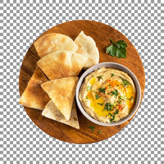 Plato de comida con un plato de hummus y pan de pita sobre fondo transparente
