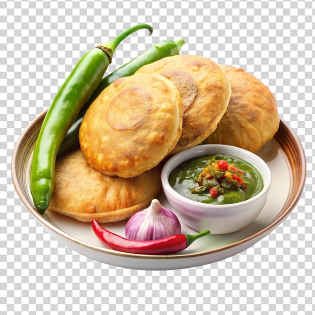 Un plato de comida con un plato de salsa y un pimienta en él en un fondo transparente
