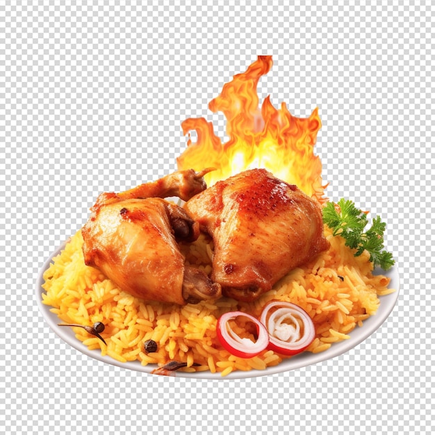 Plato de comida con pollo y arroz o biryani