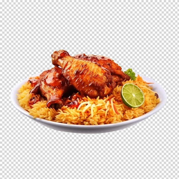 Plato de comida con pollo y arroz o biryani