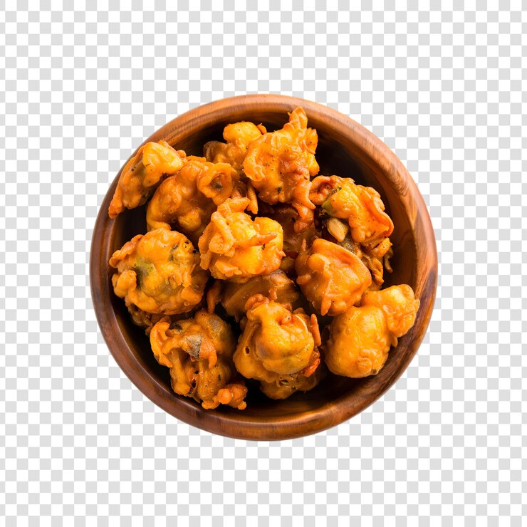 PSD un plato de comida de pollo frito pakora con un fondo blanco