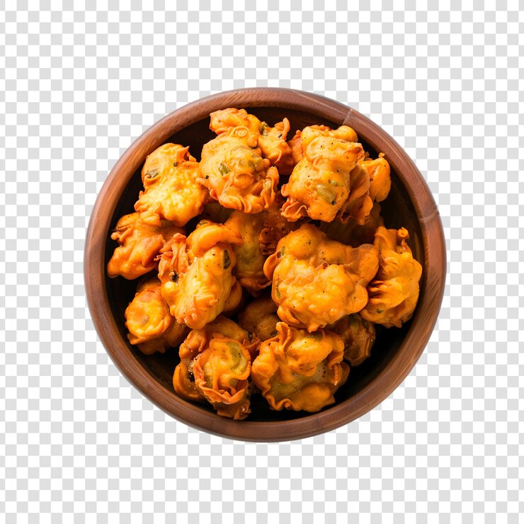 PSD un plato de comida de pollo frito pakora con un fondo blanco