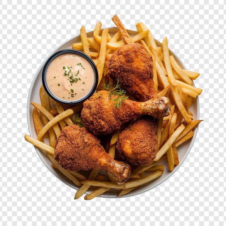 PSD un plato de comida con pollo y papas fritas