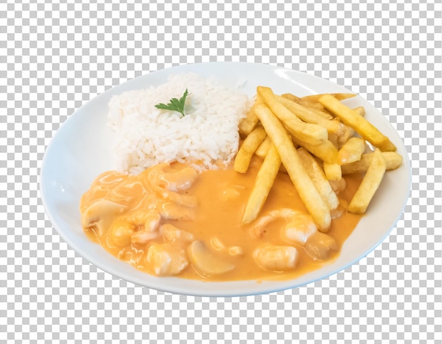 PSD plato de comida con strogonoff y arroz y papas fritas fondo transparente png