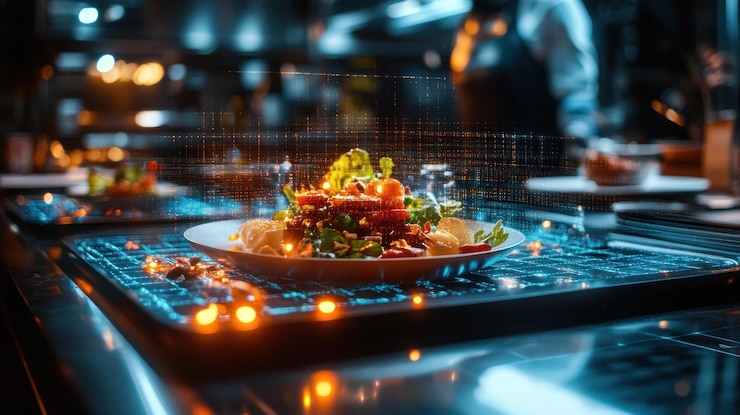PSD un plato de comida con una superposición digital en la cocina de un restaurante
