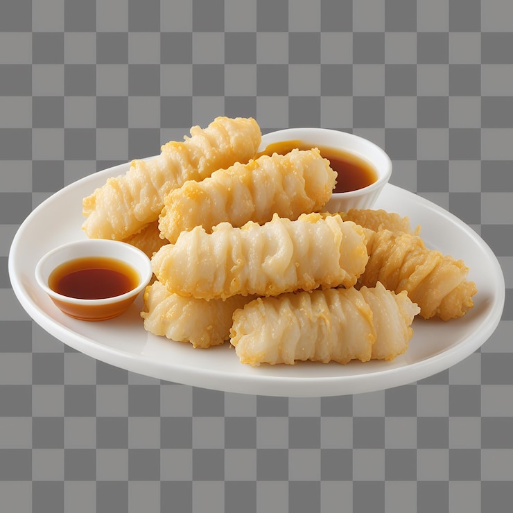 PSD un plato de comida con una taza de salsa y un plato de alimento con una salsa de inmersión