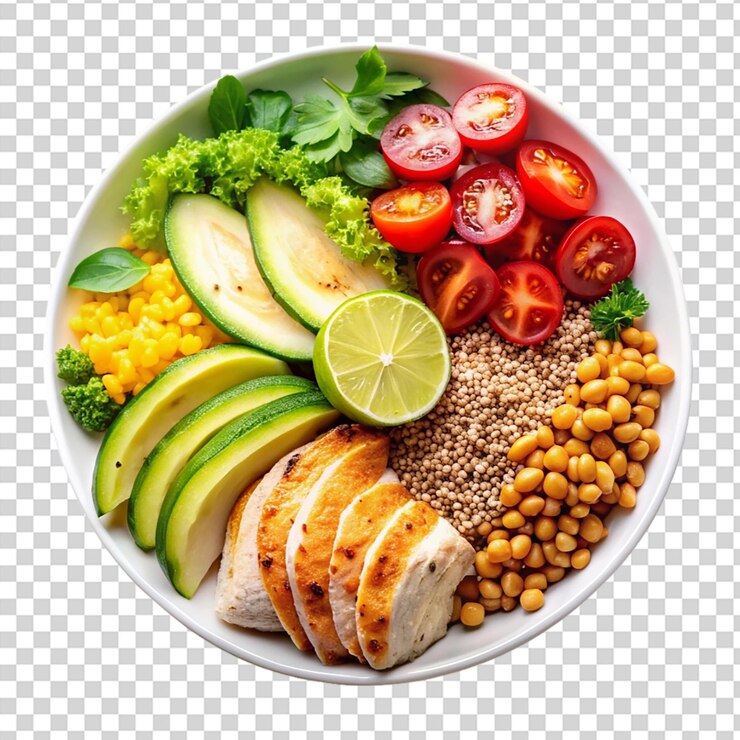 PSD un plato de comida con tomates de pollo, arroz de aguacate y frijoles en un fondo transparente