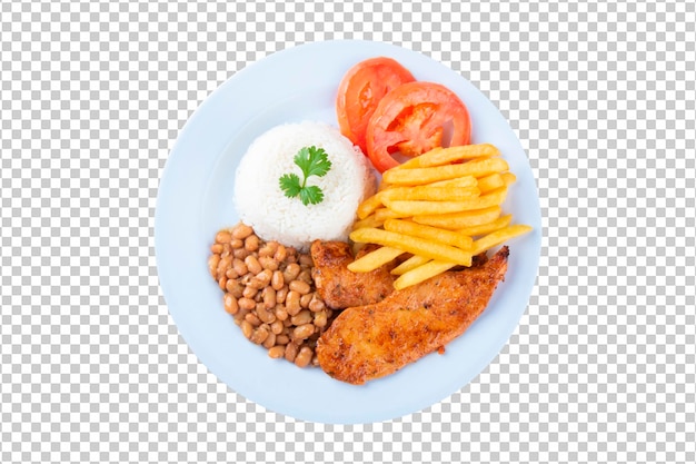 Plato de comida tradicional con frijoles pollo frito arroz y papas fritas png fondo transparente