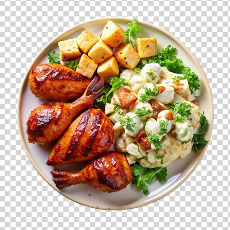PSD un plato de comida con una variedad de artículos en un fondo transparente