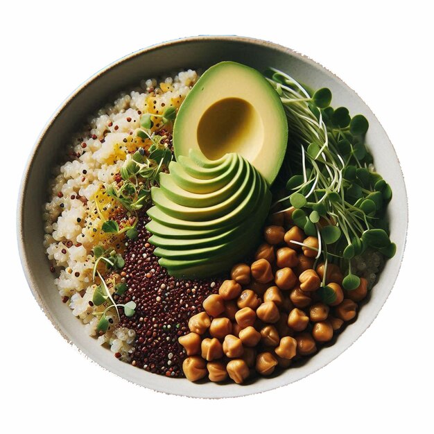 un plato de comida con una variedad de ingredientes, incluido el aguacate