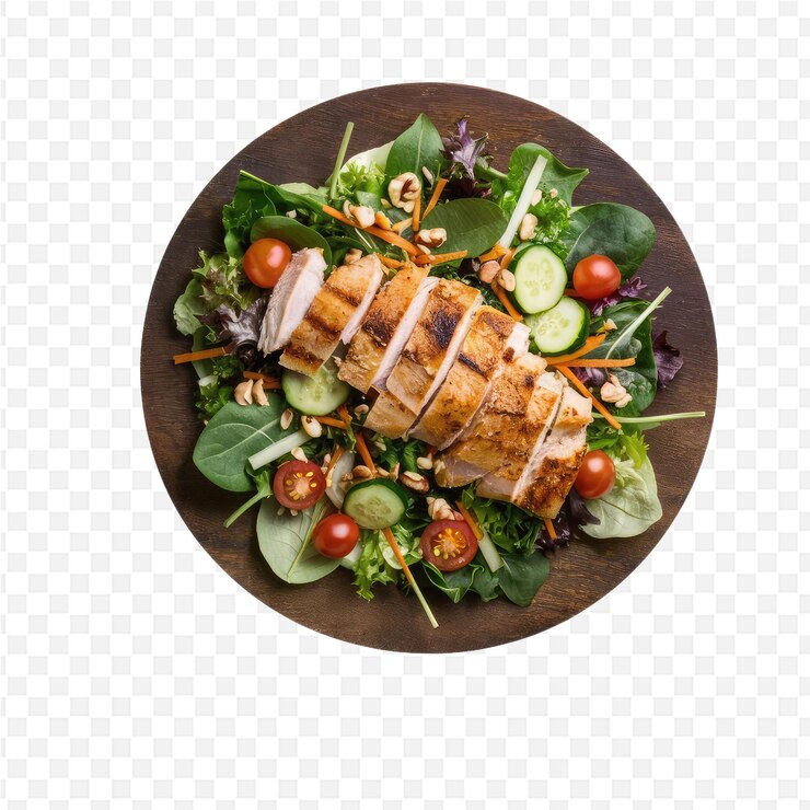 PSD un plato de comida con verduras de carne y una ensalada en él