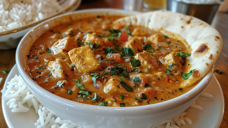 PSD un plato de curry de tofu cremoso con pan naan y arroz