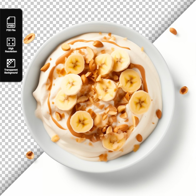 PSD plato de desayuno psd con yogur y plátano en rodajas aislado sobre un fondo transparente