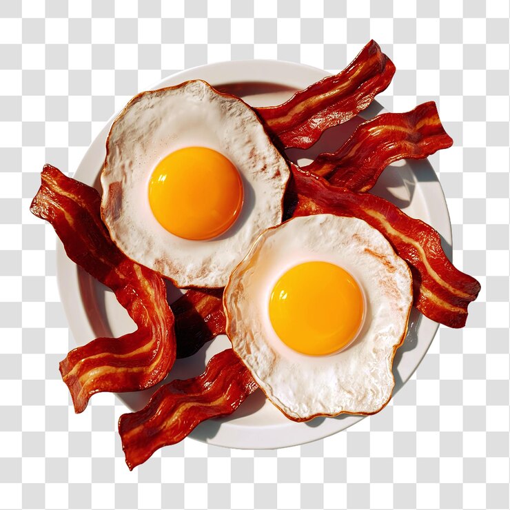 Un plato con dos huevos fritos y tiras de tocino crujientes en un fondo transparente