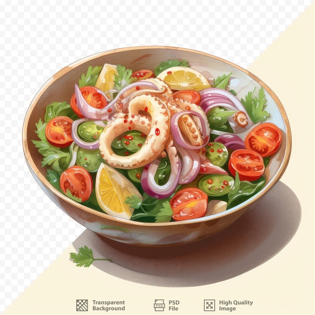 PSD un plato de ensalada con cebollas, tomates y pepino.